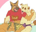  2007 anthro balls belly bulge candy canid canine canis chocolate clothing domestic_dog duo erection erection_under_clothing food genitals holidays humanoid_hands kemono male male/male mammal navel penis ryuta-h sitting slightly_chubby text tongue tongue_out underwear valentine&#039;s_day 
