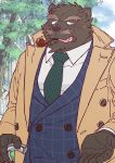  2018 anthro black_body black_fur blush clothing fur hi_res humanoid_hands kemono male mammal necktie ryuta-h shirt slightly_chubby solo topwear ursid 
