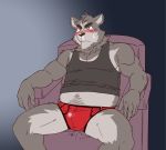  2015 anthro belly black_nose blush bodily_fluids bulge canid canine clothing crying humanoid_hands kemono male mammal ryuta-h shirt sitting slightly_chubby solo tears topwear underwear 