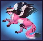  4_toes black_nose brown_hair feathered_wings feathers felid feline female feral fur hair hi_res hybrid ketty mammal open_mouth pink_body pink_fur smile solo teeth toes tongue white_body white_fur wings yellow_eyes 