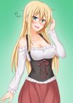  1girl :d alternate_costume anti_(untea9) bismarck_(kantai_collection) blonde_hair blue_eyes blush breasts cleavage dirndl eyebrows_visible_through_hair german_clothes green_background highres kantai_collection large_breasts long_hair looking_at_viewer open_mouth simple_background smile solo 