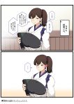  1girl alternate_breast_size blush breasts brown_eyes brown_hair gradient gradient_background hair_ornament highres huge_breasts japanese_clothes kaga_(kantai_collection) kantai_collection kimono long_hair long_sleeves multiple_views open_mouth ryuun_(stiil) side_ponytail solo speech_bubble tasuki translation_request white_kimono 