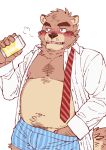  2018 anthro belly blush brown_body brown_fur canid canine clothing fur humanoid_hands kemono male mammal moobs necktie nipples overweight overweight_male raccoon_dog ryuta-h shirt simple_background solo tanuki topwear underwear white_background 