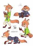  all_fours anthro bottomwear brown_body brown_fur canid canine clothed clothing disney fox fully_clothed fur hi_res holding_object mammal multiple_poses necktie nick_wilde nklove3104 pants pawpads pose red_fox shirt simple_background sitting solo standing topwear white_background zootopia 