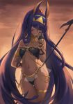  1girl absurdres animal_ears bangs bare_shoulders bikini black_bikini blush bracelet breasts bridal_gauntlets chain closed_mouth dark_skin earrings egyptian facepaint facial_mark fate/grand_order fate_(series) hair_between_eyes hairband high_ponytail highres hoop_earrings jackal_ears jewelry long_hair looking_at_viewer medium_breasts navel nitocris_(fate/grand_order) one_eye_closed purple_eyes purple_hair sidelocks smile solo staff swimsuit tonee usekh_collar 