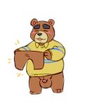  2020 animal_crossing anthro balls big_balls blush bottomwear brown_body brown_fur clothing fur genitals hi_res male mammal megawaffle_(artist) nintendo overweight overweight_male pants penis simple_background solo teddy_(animal_crossing) ursid video_games white_background 