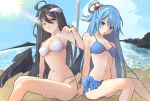  2girls ahoge albedo aqua_(konosuba) aqua_hair armpit_peek bare_legs beach bikini bird bird_wings black_hair blue_bikini blue_eyes blush breasts cleavage closed_mouth cloud cloudy_sky day demon_horns doufu-sora0613 frilled_bikini frills hair_between_eyes hair_bobbles hair_ornament hair_rings hand_in_hair horns isekai_quartet kono_subarashii_sekai_ni_shukufuku_wo! long_hair looking_at_viewer medium_breasts midriff multiple_girls navel ocean outdoors overlord_(maruyama) parted_lips sitting sky sun sunlight swimsuit thighs white_bikini wings yellow_eyes 