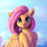  1:1 2020 absurd_res cloud equid equine eyebrows eyelashes female feral fluttershy_(mlp) freckles friendship_is_magic hi_res looking_at_viewer mammal miokomata my_little_pony outside pterippus signature smile solo wings 
