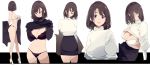  1girl bangs bare_shoulders bikini black_sweater bra breasts cleavage closed_eyes clothes_lift full_body hair_between_eyes high_heels highres large_breasts looking_at_viewer looking_to_the_side medium_hair mikoto_akemi navel original panties parted_lips pencil_skirt purple_eyes sideboob skirt smile sweater sweater_lift swimsuit thighs underwear white_bikini white_bra white_footwear white_sweater 