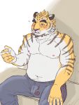  2016 3:4 anthro belly blush bottomwear bulge clothing felid humanoid_hands kemono male mammal moobs navel nipples pantherine pants ryuta-h sitting slightly_chubby solo tiger 