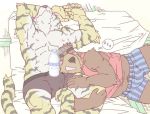  2006 anthro barazoku bed belly blush bulge clothing duo eyes_closed felid furniture hug kemono lying male male/male mammal muscular pantherine ryuta-h shirt sleeping slightly_chubby tiger topwear underwear ursid 