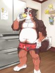  2015 anthro belly blush bulge canid canine canis clothing detailed_background domestic_dog eyes_closed japanese_text kemono male mammal moobs navel overweight overweight_male ryuta-h solo text underwear 
