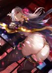  1girl ass bangs bow_(weapon) eyebrows_behind_hair eyebrows_visible_through_hair fate/grand_order fate_(series) hair_ribbon holding holding_bow_(weapon) holding_weapon incoming_attack jikihatiman kama_(fate) long_hair looking_at_viewer looking_back purple_legwear red_eyes ribbon silver_hair sleeveless smile solo thighhighs weapon 