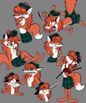  anthro bagpipes balmoral_bonnet bottomwear canid canine chest_tuft clenched_teeth clothed clothing disgust expression_sheet expressions female fox freckles grin gun hair hat headgear headwear hi_res kabula_(artist) kilt mammal musical_instrument nervous_grin paws ranged_weapon red_fox red_hair scottish smile solo teeth tongue topless tuft weapon wind_instrument woodwind_instrument 