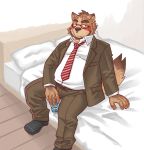  2015 anthro bed belly blush bottomwear canid canine clothing eyewear furniture glasses humanoid_hands kemono male mammal necktie pants pillow ryuta-h shirt sitting solo topwear 