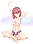  1girl ;d arino_hiroshi arm_behind_head arm_up armpits bangs barefoot blue_eyes blush breasts brown_hair commentary_request covered_nipples denim denim_shorts earrings eyepatch_bikini jewelry medium_breasts medium_hair navel nipple_slip nipples no_panties one_eye_closed open_fly open_mouth original red_hair shorts sitting skindentation smile solo stomach stretch stud_earrings thighs toned wardrobe_malfunction 