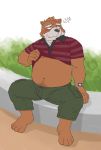  2015 anthro belly blush bottomwear brown_body brown_fur clothed clothing cute_fangs fur humanoid_hands kemono male mammal navel open_shirt overweight overweight_male pants ryuta-h shirt sitting solo topwear ursid 