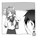  1boy 1girl ahoge animal_ear_fluff animal_ears bag bangs blush cat_ears cellphone earrings eyebrows_visible_through_hair facepalm greyscale hair_ornament hairclip hand_up highres holding holding_phone jewelry ky_(ky990533) lanmewko monochrome neckerchief original parted_lips phone pleated_skirt prehensile_hair sailor_collar school_bag school_uniform serafuku shirt short_sleeves skirt solo_focus star star_earrings star_hair_ornament swept_bangs translation_request 