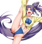  1girl arm_above_head blue_eyes breasts fate/grand_order fate_(series) groin groin_tendon jacket jacket_over_swimsuit long_hair looking_at_viewer medium_breasts navel purple_hair smile solo split swimsuit torichamaru ushiwakamaru_(fate/grand_order) ushiwakamaru_(swimsuit_assassin)_(fate) very_long_hair white_background yellow_jacket 