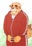  2018 anthro blush bottomwear brown_body brown_fur canid canine canis clothing cute_fangs domestic_dog fur genitals hi_res humanoid_hands kemono male mammal overweight overweight_male pants penis ryuta-h shirt solo topwear 