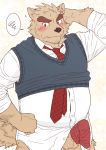  2018 anthro balls blush canid canine clothing cute_fangs genitals humanoid_hands kemono male mammal necktie penis ryuta-h shirt simple_background slightly_chubby solo topwear 