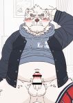  anthro balls belly blush canid canine clothing erection genitals hi_res hoodie kemono male mammal navel overweight overweight_male penis ryuta-h sitting solo topwear underwear 