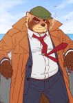  2018 anthro bottomwear brown_body brown_fur canid canine cigarette clothing fur hat headgear headwear hi_res humanoid_hands kemono male mammal necktie outside overweight overweight_male pants raccoon_dog ryuta-h shirt smoke smoking solo tanuki topwear 