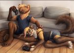  2020 anthro black_nose blue_eyes bottomwear brown_body brown_fur clothed clothing controller duo fluffy fluffy_tail frown fully_clothed fur furniture game_controller inside kebi mammal marten mustelid musteline on_ground pine_marten shirt shorts sitting smile sofa t-shirt topwear whiskers 