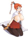  blush braid breasts cape chrono_trigger cleavage flea_(chrono_trigger) genderswap genderswap_(mtf) gloves huge_breasts nagase_haruhito pantyhose pointy_ears ponytail purple_eyes red_hair sitting skirt solo 