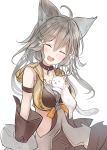  1girl :d absurdres ahoge animal animal_ears armband bare_shoulders blush breasts brown_gloves brown_shirt cat collar erune eyes_closed facing_viewer fang flower gloves granblue_fantasy grey_hair hair_flower hair_ornament head_tilt highres long_hair medium_breasts natsu_(sinker8c) open_mouth sen_(granblue_fantasy) shirt simple_background sitting smile solo upper_body white_background white_cat white_flower 