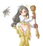  1girl black_hair bodysuit final_fantasy final_fantasy_ix garnet_til_alexandros_xvii horse kasuga_yukihito long_hair low-tied_long_hair odin_(final_fantasy) orange_bodysuit panties sleipnir_(final_fantasy) staff sword tearing_clothes torn_clothes underwear weapon white_background 