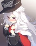  1girl azur_lane bangs black_headwear blush cape child closed_mouth commentary_request eyebrows_visible_through_hair fidgeting frown gradient gradient_background grey_background hat highres iron_cross long_hair long_sleeves looking_away looking_down military military_uniform olive_(laai) peaked_cap purple_eyes red_cape silver_hair solo uniform upper_body very_long_hair zeppelin-chan_(azur_lane) 