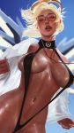  1girl absurdres blonde_hair breasts first_aid_kit glasses high_ponytail highres large_breasts licking_lips lips looking_at_viewer mechanical_halo mechanical_wings medical mercy_(overwatch) naughty_face open_clothes overwatch pubic_hair shikarii shiny shiny_skin slingshot_swimsuit solo spread_wings stethoscope summer swimsuit tan tongue tongue_out wings work_in_progress yellow_wings 