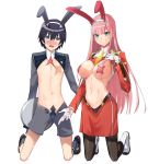  1boy 1girl adapted_costume animal_ears black_gloves black_hair blue_eyes blush bulge bunny_ears chicke_iii darling_in_the_franxx fake_animal_ears gloves green_eyes highres hiro_(darling_in_the_franxx) horns kneeling long_hair meme_attire navel pantyhose pasties pink_hair revealing_clothes reverse_bunnysuit reverse_outfit shrug_(clothing) skirt smile stomach toned white_gloves zero_two_(darling_in_the_franxx) 