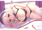 1girl anchor azur_lane bangs bare_hips bed_sheet bikini black_bikini blush breasts chunyineo cleavage closed_mouth collarbone commentary_request curtains eyebrows_visible_through_hair frills hairband heart highres indoors jewelry large_breasts looking_at_viewer lying navel neck_garter on_bed on_side red_eyes ring short_hair silver_hair sirius_(azur_lane) smile solo strap_slip swimsuit thighhighs twitter_username two-tone_hairband wedding_band white_legwear 