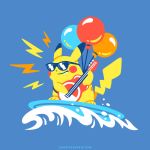  blue_background commentary electric_guitar english_commentary flying_pikachu full_body gen_1_pokemon guitar holding holding_instrument instrument no_humans pikachu pokemon pokemon_(creature) simple_background solo sunglasses surfboard surfing_pikachu versiris water waves 