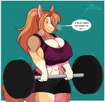  abs anthro big_breasts breasts cleavage clothed clothing dialogue dumbbell equid equine exercise female green_background hi_res horse huge_breasts jwinkz mammal muscular muscular_female nipple_outline simple_background solo weightlifting weights workout 
