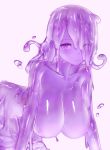  1girl all_fours blush breasts closed_mouth collarbone commentary_request daruzenon eyebrows_visible_through_hair eyes_visible_through_hair hair_over_one_eye hanging_breasts highres large_breasts long_hair looking_at_viewer monster_girl original ovum purple_eyes purple_hair purple_skin simple_background slime_girl solo white_background 