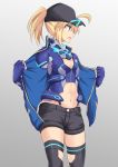  1girl ahoge alternate_costume artoria_pendragon_(all) baseball_cap black_legwear black_shorts blonde_hair blue_eyes blue_gloves blue_jacket breasts commentary_request cross_(crossryou) fate/grand_order fate_(series) fingerless_gloves gloves grey_background hair_through_headwear hat highres jacket long_hair mysterious_heroine_x navel ponytail scarf shorts simple_background small_breasts solo thighhighs 