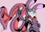  2019 anthro buckteeth clothed clothing cosplay crossover crossover_cosplay dipstick_ears disney female fully_clothed fur grey_body grey_fur grin hi_res jafethortiz jojo&#039;s_bizarre_adventure judy_hopps lagomorph leporid lisa_lisa mammal multicolored_ears pink_background purple_eyes rabbit scarf simple_background smile solo teeth zootopia 