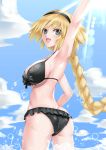  1girl :d absurdres arm_up armpits ass bag bikini black_bikini black_hairband blonde_hair blue_eyes blue_sky braided_ponytail breasts cloud covered_nipples cowboy_shot eyebrows_visible_through_hair fate/grand_order fate_(series) floating_hair frilled_bikini_bottom from_behind front-tie_bikini front-tie_top hair_between_eyes hairband highres jeanne_d&#039;arc_(fate)_(all) jeanne_d&#039;arc_(swimsuit_archer) kamehito large_breasts long_hair looking_at_viewer open_mouth sideboob sky smile solo standing swimsuit underboob very_long_hair 