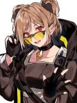  1girl aogisa black_gloves blush brown_hair choker coat colored_lenses double_bun fingerless_gloves girls_frontline gloves highres long_sleeves open_mouth orange-tinted_eyewear p90_(girls_frontline) radio red_eyes short_hair solo sunglasses tactical_clothes tinted_eyewear 