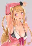  1girl :d arm_up armpits bangs bare_shoulders bikini_top black_bikini_top blonde_hair blunt_bangs blush braid breasts character_request cleavage collarbone copyright_request detached_sleeves dokiyuri dress eyebrows_visible_through_hair grey_hair highres large_breasts long_sleeves multicolored_hair navel_cutout open_mouth pink_dress pink_eyes pink_hair purple_ribbon ribbon simple_background smile solo straight_hair strap_slip streaked_hair twin_braids upper_body virtual_youtuber 