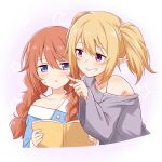  2girls bangs bare_shoulders blonde_hair blue_eyes blue_pajamas blush book braid character_request commentary_request eyebrows_visible_through_hair felutiahime frown grey_shirt grin hair_between_eyes highres holding holding_book long_hair long_sleeves looking_at_viewer multiple_girls off-shoulder_shirt off_shoulder pajamas princess_connect! princess_connect!_re:dive purple_eyes shirt smile twin_braids twintails yuni_(princess_connect) 