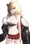  1girl animal_ears arknights black_jacket blacktheif blonde_hair breasts candy cleavage closed_mouth eyebrows_visible_through_hair food fur_trim hand_on_hip highres jacket large_breasts lion_ears lollipop looking_at_viewer ponytail red_shorts shirt short_hair shorts siege_(arknights) simple_background solo white_background white_shirt yellow_eyes 