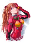  1girl absurdres angruoxin arm_at_side arm_up bangs blue_eyes bodysuit breasts brown_hair covering_one_eye cropped_torso gloves hair_ornament hair_over_one_eye highres long_hair medium_breasts neon_genesis_evangelion parted_lips plugsuit red_bodysuit red_gloves shikinami_asuka_langley skin_tight smile solo souryuu_asuka_langley upper_body 