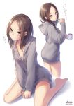  1girl ass bare_legs barefoot between_legs breasts brushing_teeth collarbone cup drawstring forehead from_behind grey_hoodie hand_between_legs head_tilt holding holding_cup hood hood_down hoodie long_hair long_sleeves looking_at_viewer looking_back medium_breasts morigami_(morigami_no_yashiro) multiple_views no_pants original sidelocks simple_background sitting toothpick translation_request twitter_username wariza white_background 