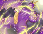  2020 6_fingers abs anonymous_artist anthro balls biceps big_penis bodily_fluids cum digital_media_(artwork) digital_painting_(artwork) dragon electricity erection fighting_pose fingers genital_fluids genitals gold_markings grin horn lightning low_res magic magic_user male markings muscular muscular_male nipples nude penis pose purple_body purple_eyes purple_scales realistic realistic_lighting scales smile solo solo_focus standing wings yellow_eyes 