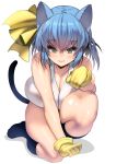  1girl animal_ears bangs blue_hair bow breasts cat_ears cat_tail cleavage covered_nipples curvy eyebrows_visible_through_hair fangs gloves green_eyes hair_between_eyes hair_bow highres large_breasts masao one_knee original paw_pose short_hair solo tail white_background yellow_gloves 
