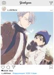  2boys ;) black_hair blue_eyes brown_eyes coat fake_screenshot hat instagram katsuki_yuuri kuroemon makkachin male_focus mittens multiple_boys one_eye_closed scarf self_shot silver_hair smile sweater turtleneck turtleneck_sweater viktor_nikiforov yuri!!!_on_ice 